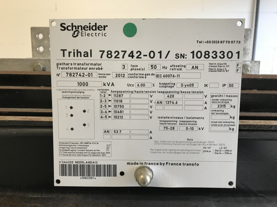 1000 kVA 10 kV / 420 Volt Schneider droge transformator 2012 NIEUW